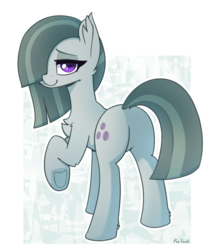 Size: 1227x1456 | Tagged: safe, artist:puetsua, marble pie, earth pony, pony, g4, abstract background, butt, chest fluff, female, hair over one eye, lidded eyes, looking back, marblebutt, mare, plot, raised hoof, rear view, simple background, smiling, solo, underhoof