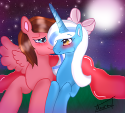 Size: 900x810 | Tagged: safe, artist:anorathewolf29, oc, oc only, oc:crimsonwing, oc:fleurbelle, alicorn, pegasus, pony, alicorn oc, blanket, blushing, bow, duo, female, fleurwing, hair bow, male, mare, moon, night, ribbon, shipping, yellow eyes