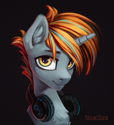 Size: 1362x1500 | Tagged: safe, artist:inowiseei, oc, oc only, oc:thinker, pony, unicorn, black background, bust, chest fluff, commission, headphones, horn, male, portrait, simple background, solo