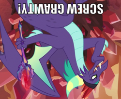Size: 700x578 | Tagged: safe, edit, edited screencap, screencap, gaius, g4, the hearth's warming club, bloodstone scepter, dragon crown, dragon lord, male, open mouth, screw gravity, text, trap, upside down, upside down text