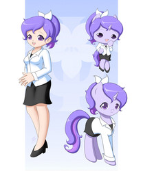 Size: 1000x1200 | Tagged: safe, artist:jdan-s, oc, oc only, oc:doctor violet, human, original species, pony, anthro, plantigrade anthro, anthro with ponies, bow, chibi, clothes, cute, high heels, humanized, lab coat, legs, looking at you, moe, ocbetes, ponytail, reference sheet, shoes, skirt, solo, species swap