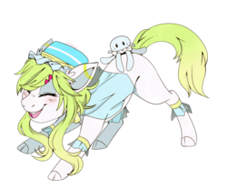 Size: 1200x1000 | Tagged: safe, artist:cinnamonsparx, oc, oc only, oc:jellyfish, earth pony, pony, blushing, clothes, cloven hooves, eyes closed, female, mare, open mouth, plushie, simple background, smiling, solo, transparent background