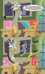 Size: 370x600 | Tagged: safe, artist:tarajenkins, babs seed, discord, ruby pinch, draconequus, earth pony, pony, unicorn, g4, adorababs, cute, discute, finger snap, hilarious in hindsight, needs more jpeg, pinchybetes, ponyville schoolhouse, sassy, savage, z, z-snap
