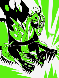 Size: 2835x3780 | Tagged: safe, artist:kimthrill, queen chrysalis, changeling, changeling queen, g4, crown, female, green, high res, jewelry, monochrome, regalia, solo