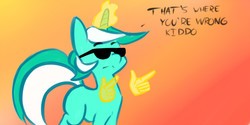Size: 1000x500 | Tagged: artist needed, safe, lyra heartstrings, pony, unicorn, g4, 4chan, cute, drawthread, female, funny, gradient background, hand, magic, meme, missing cutie mark, pointing, ponified meme, reaction image, solo, sunglasses
