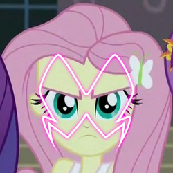 Size: 328x328 | Tagged: safe, edit, edited screencap, screencap, fluttershy, rarity, sunny flare, equestria girls, g4, my little pony equestria girls: friendship games, akumatized, angry, fluttershy is not amused, hawk moth, looking at you, miraculous ladybug, offscreen character, unamused