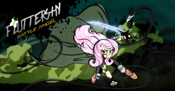 Size: 1200x624 | Tagged: safe, artist:dan232323, fluttershy, equestria girls, g4, alita: battle angel, badass, battle angel alita, clothes, crossover, female, flutterbadass, serious, serious face, weapon