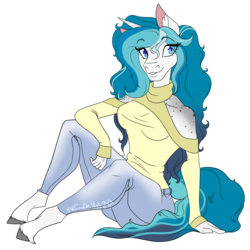 Size: 4000x4000 | Tagged: safe, artist:xxgrapehatzxx, oc, oc only, oc:bubble lee, unicorn, anthro, unguligrade anthro, absurd resolution, anthro oc, clothes, cute, female, freckles, mare, ocbetes, shoulder freckles, shoulderless, simple background, sitting, smiling, solo, sweater, transparent background, turtleneck