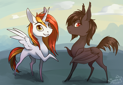 Size: 1433x1000 | Tagged: source needed, useless source url, safe, artist:sunny way, oc, oc only, oc:king phoenix, alicorn, bat pony, pony, rcf community, chibi, cute, duo, horn, male, pony oc, present, stallion, wings