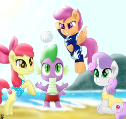 Size: 6900x6500 | Tagged: safe, artist:theretroart88, apple bloom, scootaloo, spike, sweetie belle, dragon, earth pony, pegasus, pony, unicorn, g4, my little pony: the movie, absurd resolution, beach, clothes, cutie mark crusaders, female, male, movie accurate, ocean, one-piece swimsuit, sand, sports, swimsuit, volleyball