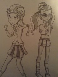 Size: 1024x1371 | Tagged: safe, artist:mylittleponylover01, indigo zap, sugarcoat, equestria girls, g4, my little pony equestria girls: friendship games, crossed arms, monochrome, smiling, traditional art