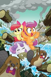 Size: 755x1147 | Tagged: safe, artist:tony fleecs, apple bloom, scootaloo, sweetie belle, beaver, earth pony, pony, unicorn, g4, bipedal, bow, cutie mark crusaders, excited, female, hoof in air, log, mare, trio