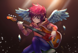 Size: 4400x3000 | Tagged: safe, artist:tzc, scootaloo, human, g4, anime, bass guitar, clothes, commission, crepuscular rays, crying, feather, female, guitar, hoodie, humanized, musical instrument, one eye closed, pants, sad, scootabass, sitting, solo, winged humanization, wings
