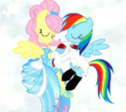 Size: 1247x1104 | Tagged: safe, fluttershy, rainbow dash, pegasus, pony, g4, cinderella, cindershy, clothes, dancing, dress, eyes closed, female, flying, glass shoes, glass slipper (footwear), glass slippers, headband, lesbian, needs more jpeg, pinkie tales, prince charming, prince dash, prince rainbow dash, ship:flutterdash, shipping