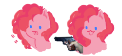 Size: 1280x589 | Tagged: safe, artist:knaiifu, pinkie pie, earth pony, human, pony, g4, blushing, female, gun, hand, smiling, solo, trust nobody not even yourself, weapon