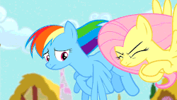 Size: 1280x720 | Tagged: safe, edit, edited screencap, editor:sponandi, screencap, fluttershy, rainbow dash, pony, flutter brutter, g4, angry, animated, duo, faic, female, flying, frown, gif, peeved, surprised, walnut, wat, worried