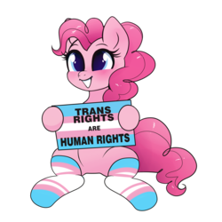 Size: 2000x2000 | Tagged: safe, artist:confetticakez, pinkie pie, earth pony, pony, g4, adventure in the comments, blushing, clothes, colored pupils, cute, diapinkes, featureless crotch, female, graveyard of comments, grin, high res, hoof hold, mare, mouthpiece, pride, pride flag, sign, simple background, sitting, smiling, socks, solo, squee, striped socks, transgender, transparent background
