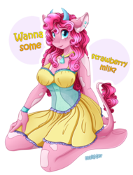 Size: 1700x2236 | Tagged: safe, alternate version, artist:mailner, pinkie pie, cow, anthro, unguligrade anthro, g4, bell, blushing, clothes, collar, corset, cow girl, cowgirl, cowified, cute, ear piercing, female, frog (hoof), hooves, kneeling, looking at you, piercing, pincow pie, solo, species swap, speech, underhoof
