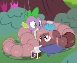 Size: 2454x1988 | Tagged: safe, artist:badumsquish, derpibooru exclusive, rarity, spike, oc, oc:annelida, cow, dragon, earthworm, monster pony, original species, worm, worm pony, g4, carton, chocolate, chocolate milk, coils, comforting, crying, cuddling, drink, drinking, duo, female, floppy ears, golden oaks library, hug, ice pack, licking, licking lips, male, milk, one eye closed, pillow, raricow, sad, slimy, smiling, species swap, straw, tongue out, wink