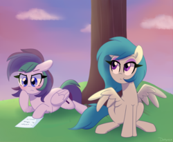 Size: 2000x1650 | Tagged: safe, artist:darkynez, oc, oc only, oc:spooky glare, oc:violet blaze, pegasus, pony, blushing, duo, female, folded wings, mare, outdoors, prone, reading, sitting, spread wings, tree, under the tree, wings