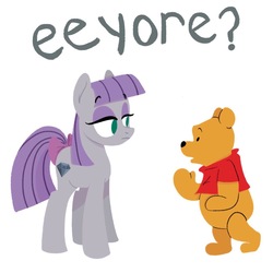 Size: 1024x1024 | Tagged: safe, artist:herfaithfulstudent, maud pie, bear, earth pony, pony, g4, bow, clothes, crossover, disney, eeyore, female, male, mare, pooh, shirt, simple background, tail bow, text, white background, winnie the pooh, wrong cutie mark