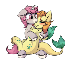 Size: 1547x1371 | Tagged: safe, artist:confetticakez, oc, oc only, oc:coral charm, oc:intrepid charm, pony, unicorn, blushing, cuddling, cute, gay, male, seaquestrian pegasus, simple background, snuggling, stallion, transparent background