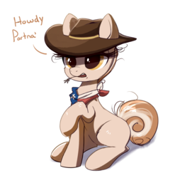 Size: 1322x1339 | Tagged: safe, artist:confetticakez, oc, oc only, oc:cinnamon spangled, earth pony, pony, bandana, colored sketch, cowboy hat, dialogue, female, hat, mare, simple background, solo, straw in mouth, transparent background