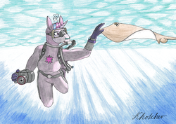 Size: 1280x905 | Tagged: safe, artist:konstantin-kholchev, twilight sparkle, unicorn, anthro, g4, air tank, bodysuit, camera, clothes, colored pencil drawing, curvy, dive mask, diving, female, flippers, flippers (gear), gloves, hooded wetsuit, nose clip, ocean, ray (fish), rebreather, scuba diving, scuba gear, traditional art, underwater, unicorn twilight, wetsuit