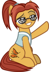Size: 1328x1932 | Tagged: safe, artist:lightning stripe, derpibooru exclusive, oc, oc only, oc:caramel swallowtail, earth pony, pony, g4, brown eyes, clothes, cutie mark, female, glasses, lidded eyes, mare, orange coat, ponytail, red mane, shit eating grin, show accurate, simple background, sitting, smug, solo, transparent background, vest