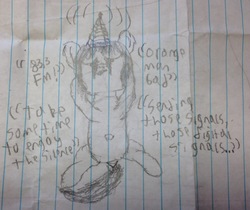 Size: 2372x1997 | Tagged: safe, artist:anonymous, oc, oc only, oc:filly anon, pony, crying, female, filly, grayscale, lined paper, monochrome, orange man bad, radio, sketch, solo, traditional art