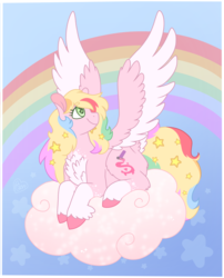 Size: 2885x3570 | Tagged: safe, artist:sandwichbuns, oc, oc only, oc:day dreamer, pegasus, pony, cloud, female, high res, mare, prone, rainbow, solo, two toned wings