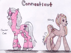 Size: 1107x822 | Tagged: safe, artist:pristine1281, part of a set, oc, oc only, oc:charter oak, oc:nutmeg, earth pony, pony, unicorn, connecticut, female, male, mare, part of a series, stallion, traditional art