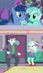 Size: 504x850 | Tagged: safe, screencap, blues, lyra heartstrings, noteworthy, track starr, bird, cardinal, earth pony, pony, unicorn, equestria girls, equestria girls series, filli vanilli, five stars, g4, season 4, spoiler:eqg series (season 2), animal, background human, background pony, comparison, cropped, cute, dancing, eye contact, female, grin, homophobia in the description, hub logo, hubble, looking at each other, lyrabetes, lyrastarr, male, mare, noteabetes, op is a duck, op is trying to start shit, op is trying to start shit so badly that it's kinda funny, ponies standing next to each other, ship:lyraworthy, shipping fuel, smiling, songbird, stallion, the hub, troll logic
