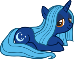 Size: 1675x1351 | Tagged: safe, artist:lightning stripe, derpibooru exclusive, oc, oc only, oc:moonlight dream, pony, unicorn, g4, blue coat, blue mane, cutie mark, female, horn, lidded eyes, long tail, lying, lying down, mare, orange eyes, show accurate, simple background, smiling, solo, straight hair, transparent background