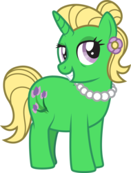Size: 1438x1890 | Tagged: safe, artist:lightning stripe, derpibooru exclusive, oc, oc only, oc:petunia bloom, pony, unicorn, g4, chubby, cutie mark, female, flower, flower in hair, green coat, grin, hair bun, horn, jewelry, mare, necklace, pearl necklace, pink eyes, show accurate, simple background, smiling, solo, transparent background, yellow mane