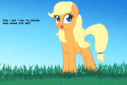 Size: 1348x908 | Tagged: safe, artist:cosmonaut, applejack, earth pony, pony, g4, bronybait, female, grass, hatless, looking at you, missing accessory, solo