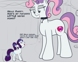 Size: 2017x1600 | Tagged: safe, artist:cosmonaut, rarity, sweetie belle, pony, unicorn, g4, alternate hairstyle, amazon, carousel boutique, choker, female, growth, macro, mare, older, older sweetie belle, ponytail