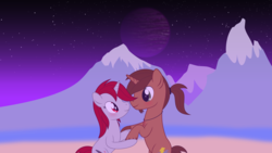 Size: 7680x4320 | Tagged: safe, artist:waveywaves, oc, oc only, oc:coppercore, oc:waves, pony, marriage proposal, mountain, mountain range, planet, shipping, space