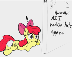Size: 939x744 | Tagged: safe, artist:cosmonaut, apple bloom, applejack, pony, g4, exclamation point, heck, implied applejack, offscreen character, swearing