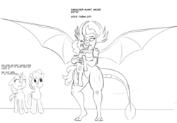 Size: 1840x1280 | Tagged: safe, artist:cosmonaut, smolder, dragon, earth pony, pony, unicorn, anthro, g4, amazon, anthro with ponies, breast expansion, breasts, bully, bullying, clothes, dragoness, female, greed, greed smolder, growth, jacket, lidded eyes, macro, male, mare, monochrome, simple background, stallion, white background