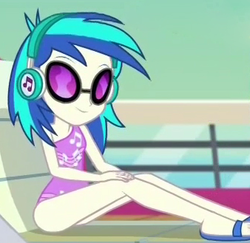 Size: 338x329 | Tagged: safe, derpy hooves, dj pon-3, vinyl scratch, equestria girls, equestria girls specials, g4, my little pony equestria girls: better together, my little pony equestria girls: spring breakdown, beach chair, chair, clothes, headphones, lounging, offscreen character, sandals, sitting, sun bathing, sunglasses, swimsuit