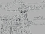 Size: 1260x960 | Tagged: safe, artist:cosmonaut, apple bloom, scootaloo, sweetie belle, terramar, earth pony, pegasus, pony, unicorn, blushing, clothes, cutie mark crusaders, dress, female, gray background, grayscale, grin, lidded eyes, male, mare, monochrome, older, prom, quadrupedal, shipping, shocked, simple background, sitting, smiling, surprised, terrabelle