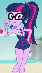 Size: 522x908 | Tagged: safe, edit, edited screencap, editor:mycarhasamoustache, screencap, sci-twi, twilight sparkle, human, equestria girls, equestria girls specials, g4, my little pony equestria girls: better together, my little pony equestria girls: forgotten friendship, beach, clothes, cute, cutie mark, cutie mark on clothes, female, geode of empathy, geode of fauna, geode of shielding, geode of sugar bombs, geode of super speed, geode of super strength, geode of telekinesis, glasses, huggable, looking at you, magical geodes, ocean, peace sign, ponytail, rock horse, sci-twi swimsuit, sexy egghead, sky, sleeveless, solo, stupid sexy twilight, swimsuit, twiabetes