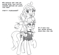 Size: 897x843 | Tagged: safe, artist:cosmonaut, cozy glow, inky rose, pegasus, pony, g4, clothes, dress, eyeshadow, female, filly, freckles, gray background, grayscale, headcanon, lidded eyes, makeup, mare, monochrome, siblings, simple background, sisters