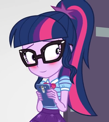 Size: 645x720 | Tagged: safe, edit, edited screencap, editor:mycarhasamoustache, screencap, sci-twi, twilight sparkle, equestria girls, equestria girls specials, g4, my little pony equestria girls: better together, my little pony equestria girls: rollercoaster of friendship, blushing, cellphone, clothes, cropped, cute, female, geode of telekinesis, glasses, magical geodes, phone, ponytail, skirt, smile edit, solo, twiabetes