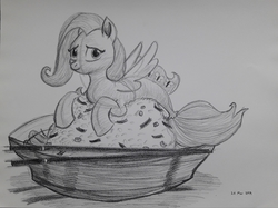 Size: 3170x2377 | Tagged: safe, artist:rockhoppr3, fluttershy, merpony, pony, seapony (g4), g4, aside glance, bowl, chopsticks, female, food, grayscale, high res, looking at you, lying down, monochrome, pencil drawing, poke (food), prone, rice, solo, spread wings, three quarter view, traditional art, wings