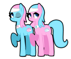 Size: 1200x1000 | Tagged: safe, artist:provolonepone, aloe, lotus blossom, earth pony, pony, g4, female, mare, one eye closed, siblings, simple background, sisters, smiling, spa twins, transparent background, twin sisters, wink