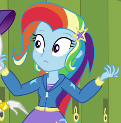Size: 1004x1019 | Tagged: safe, screencap, rarity, trixie, best trends forever, equestria girls, equestria girls series, g4, :c, best trends forever: rainbow dash, canterlot high, clothes, cropped, cute, diatrixes, frown, hallway, hoodie, implied rainbow dash, lockers, multicolored hair, offscreen character, rainbow hair, shrunken pupils, solo focus, wide eyes