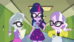 Size: 1920x1080 | Tagged: safe, screencap, diamond tiara, sci-twi, silver spoon, twilight sparkle, best trends forever, equestria girls, equestria girls series, g4, best trends forever: twilight sparkle, canterlot high, choose twilight sparkle, clothes, cutie mark on clothes, ear piercing, earring, female, geode of telekinesis, glasses, hallway, jacket, jewelry, lockers, magical geodes, necklace, piercing, ponytail, raised eyebrow, sci-twi skirt, skirt