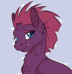 Size: 900x923 | Tagged: safe, artist:dinosaphira99, fizzlepop berrytwist, tempest shadow, pony, unicorn, g4, broken horn, chest fluff, cute, ear fluff, female, gray background, horn, mare, neck fluff, simple background, solo, tempestbetes